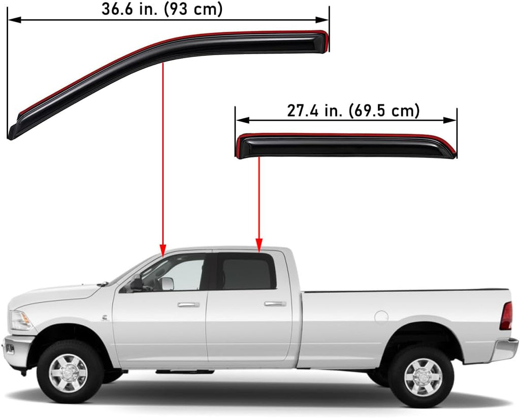 Extra Durable In-Channel Wind Deflector Visor Rain Guard, Fit 2009-2018 Dodge Ram 1500 Crew Cab, 2010-2025 Ram 2500 & 3500 Crew & Mega Cab, 2019-2024 Ram 1500 Classic Crew Cab, Smoke, 4-Pcs