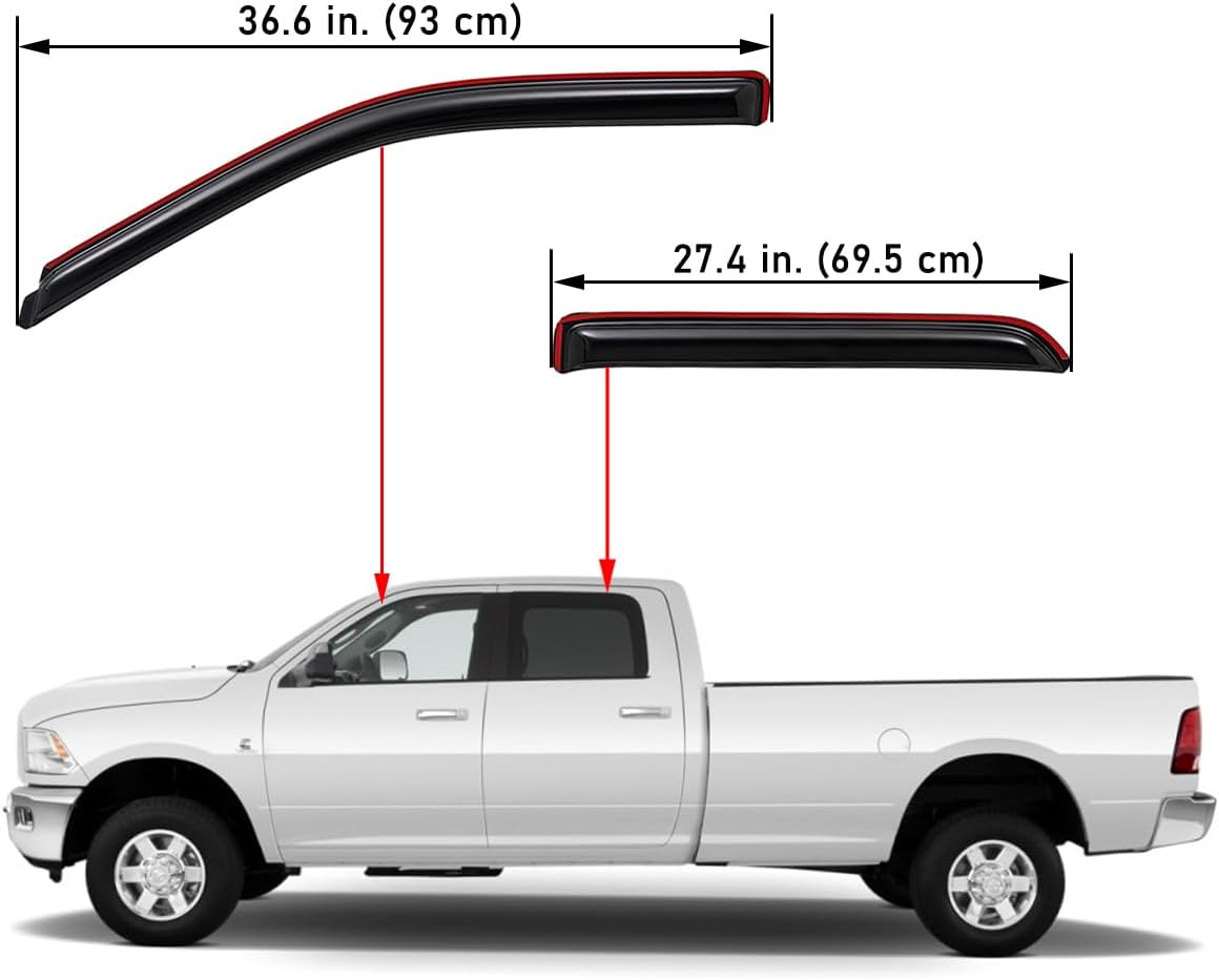 Extra Durable In-Channel Wind Deflector Visor Rain Guard, Fit 2009-2018 Dodge Ram 1500 Crew Cab, 2010-2025 Ram 2500 & 3500 Crew & Mega Cab, 2019-2024 Ram 1500 Classic Crew Cab, Smoke, 4-Pcs