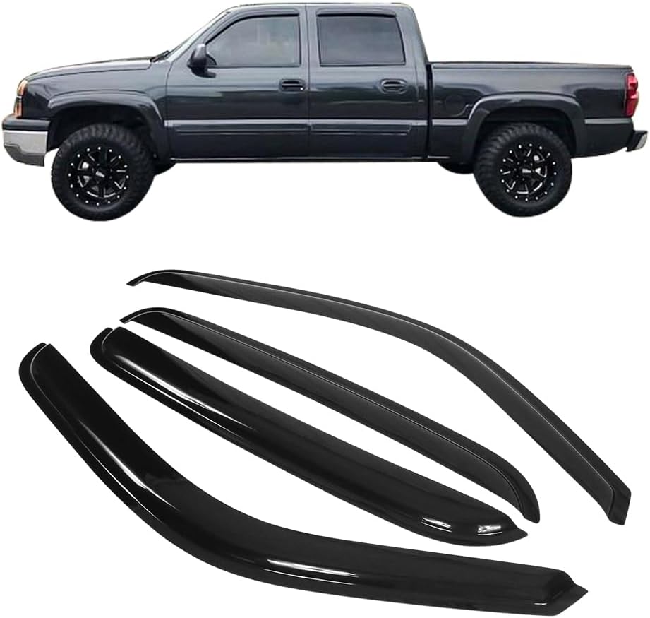 Window Visor Compatible with 2001-2006 Chevy Silverado GMC Sierra Crew Cab, Slim Style Acrylic Smoke Tinted 4PCS Sun Rain Guard Wind Vent Air Deflector by IKON MOTORSPORTS, 2002 2003 2004 2005
