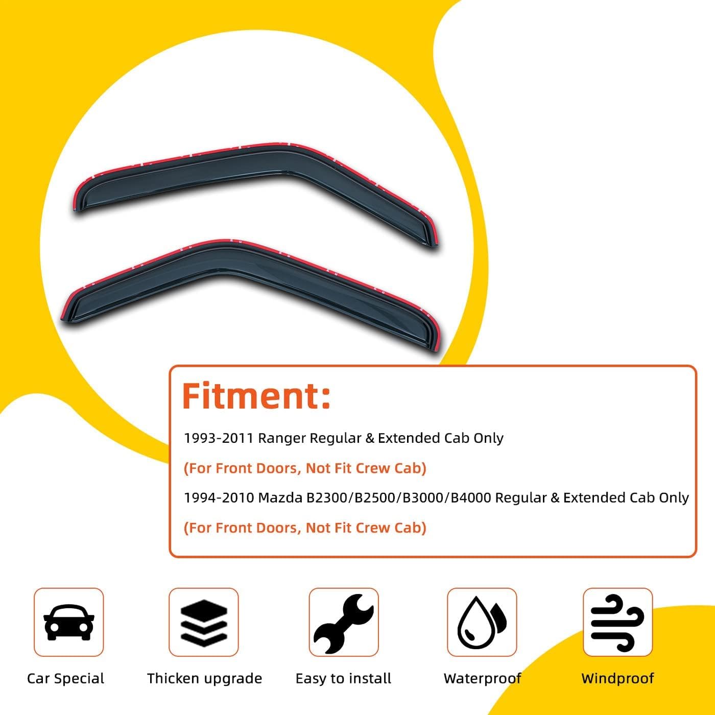 2 pcs in Channel Window Visors Compatible with 1993-2011 Ford Ranger 1994-2010 Mazda B2300/B2500/B3000/B4000 Regular & Extended Cab Front Doors Window Sun/Rain Guard 2-Door Dark Smoke