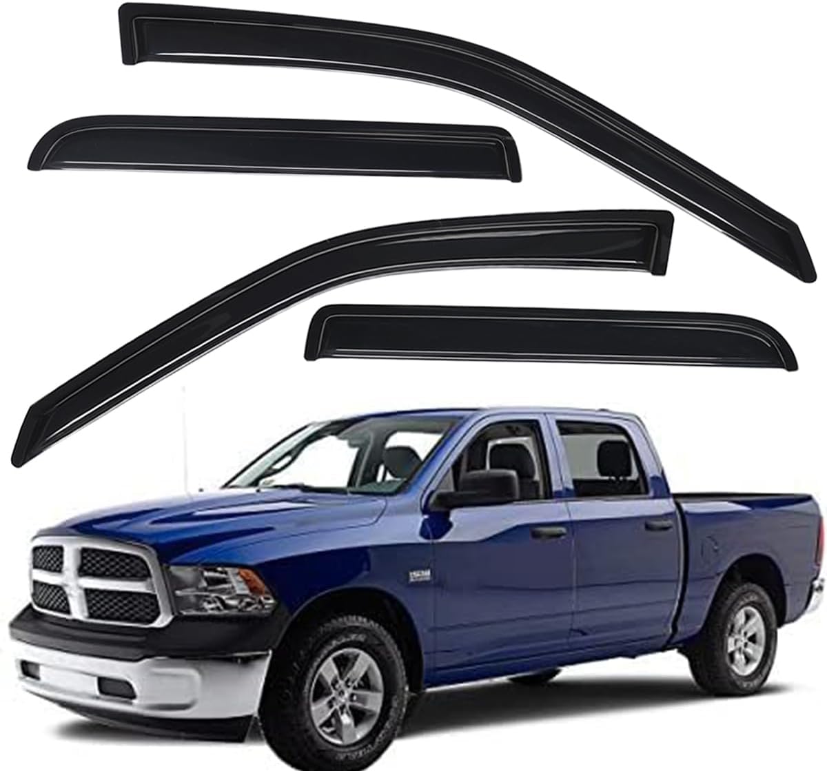 Extra Durable In-Channel Wind Deflector Visor Rain Guard, Fit 2009-2018 Dodge Ram 1500 Crew Cab, 2010-2025 Ram 2500 & 3500 Crew & Mega Cab, 2019-2024 Ram 1500 Classic Crew Cab, Smoke, 4-Pcs