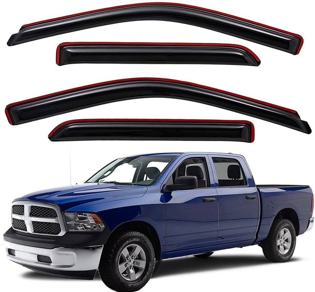 Extra Durable In-Channel Wind Deflector Visor Rain Guard, Fit 2009-2018 Dodge Ram 1500 Crew Cab, 2010-2025 Ram 2500 & 3500 Crew & Mega Cab, 2019-2024 Ram 1500 Classic Crew Cab, Smoke, 4-Pcs