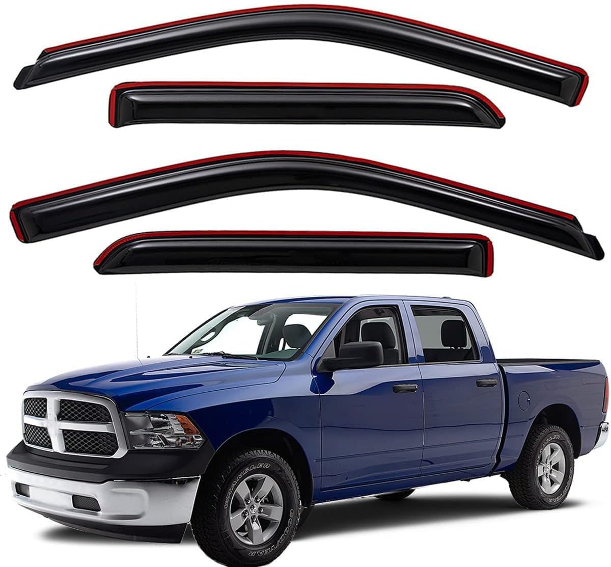 Extra Durable In-Channel Wind Deflector Visor Rain Guard, Fit 2009-2018 Dodge Ram 1500 Crew Cab, 2010-2025 Ram 2500 & 3500 Crew & Mega Cab, 2019-2024 Ram 1500 Classic Crew Cab, Smoke, 4-Pcs