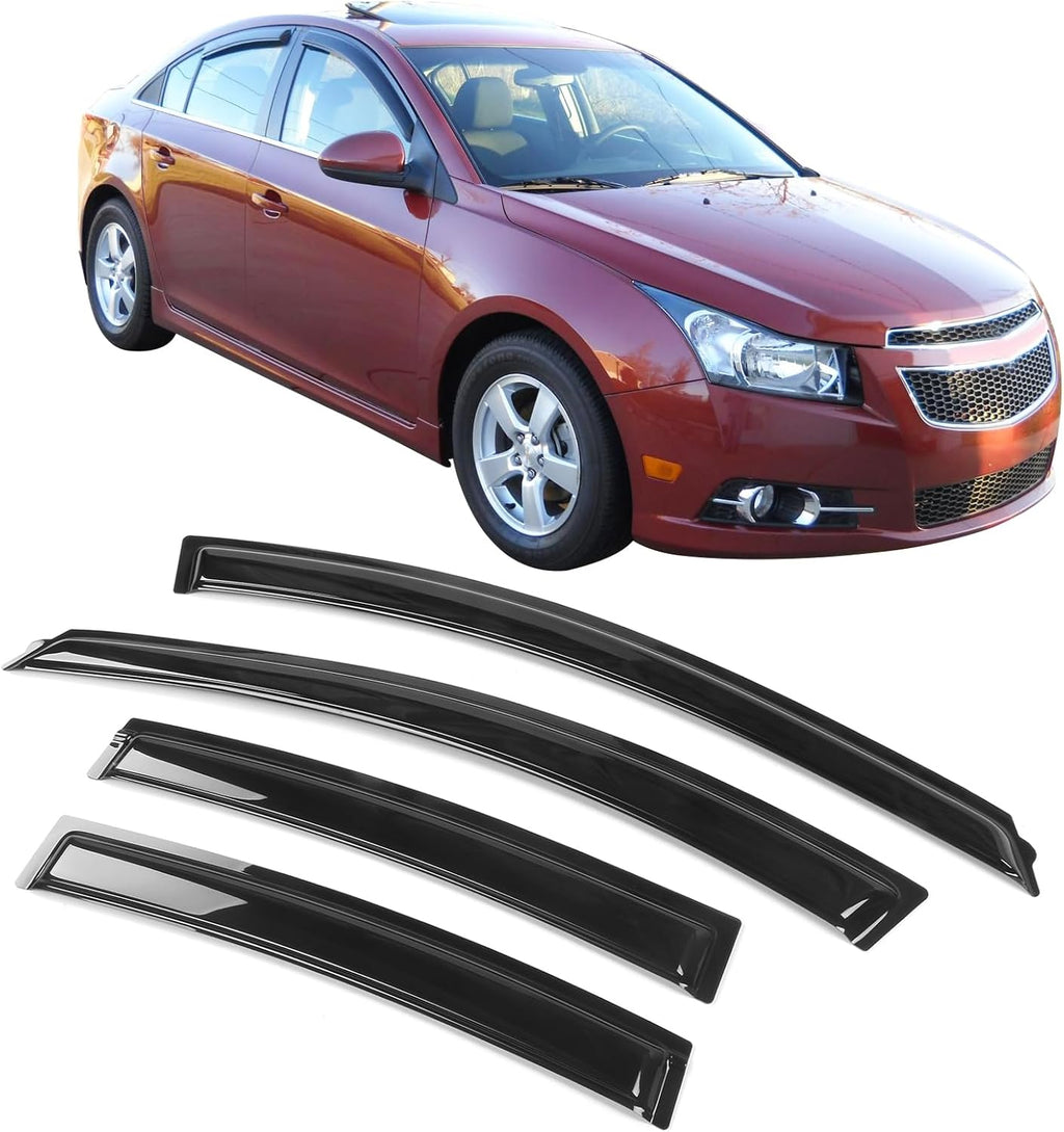 Window Visor Compatible with 2010-2015 Chevrolet Cruze 2016 Chevrolet Cruze Limited, Slim Style Acrylic Black Sun Rain Wind Guards Cover 4Pcs Set by IKON MOTORSPORTS, 2011 2012 2013 2014