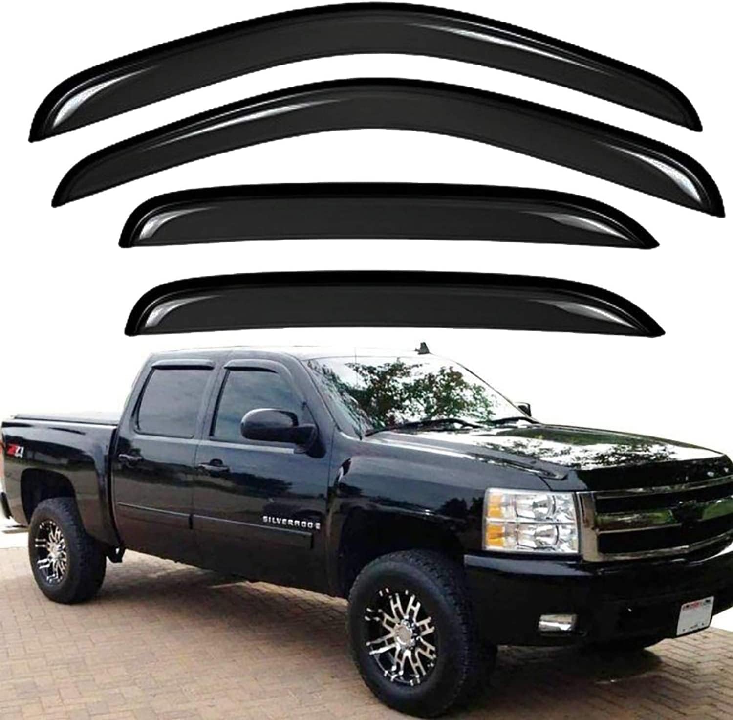 94515 Side Window Visor Rain Guards for 07-14 Chevy Silverado 1500 & GMC Sierra 1500 2500HD 3500HD Crew Cab/Avalanche/Suburban/Yukon XL Wind Deflectors Windnow Shade Vent Sun Visors 4PCS