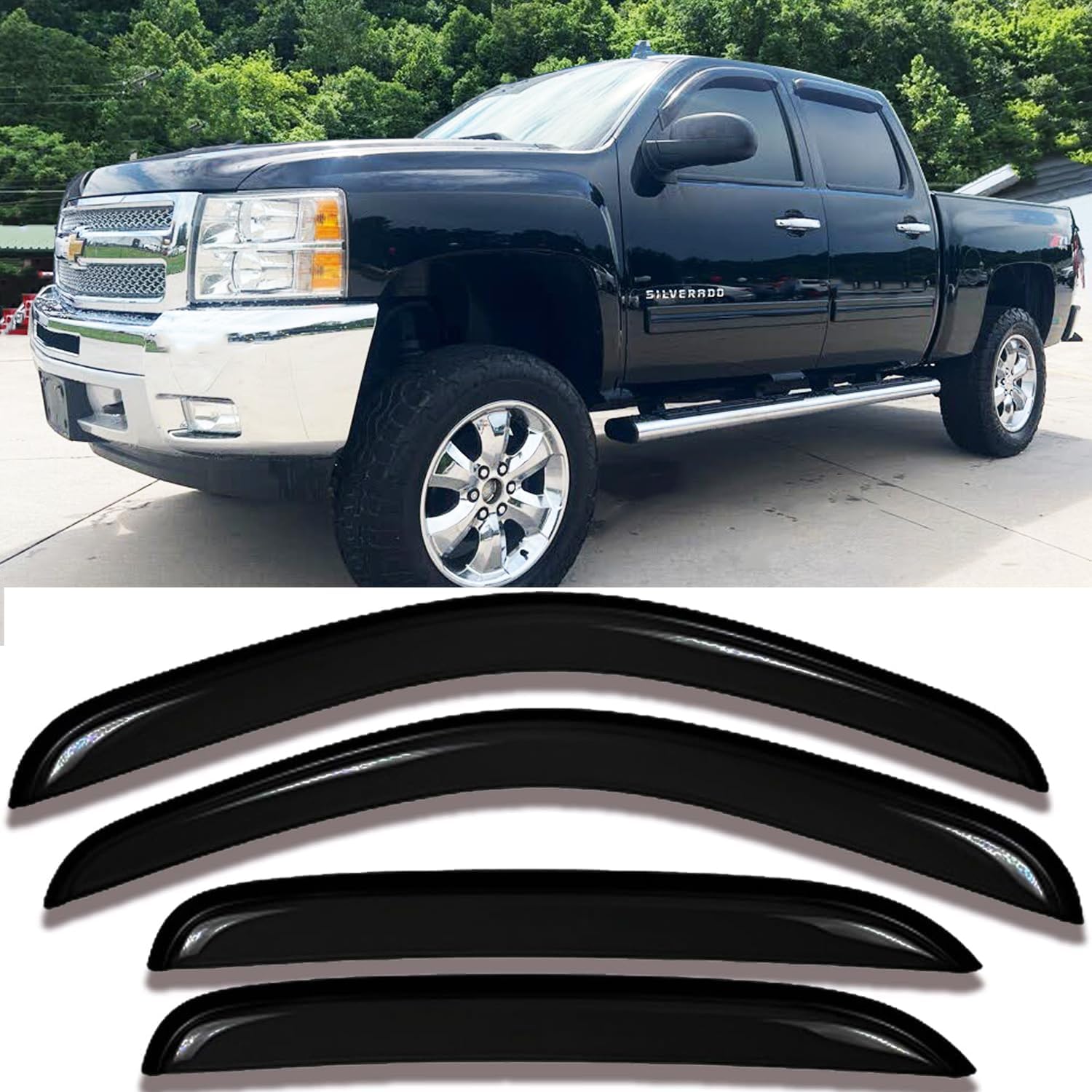 94515 Side Window Visor Rain Guards for 07-14 Chevy Silverado 1500 & GMC Sierra 1500 2500HD 3500HD Crew Cab/Avalanche/Suburban/Yukon XL Wind Deflectors Windnow Shade Vent Sun Visors 4PCS