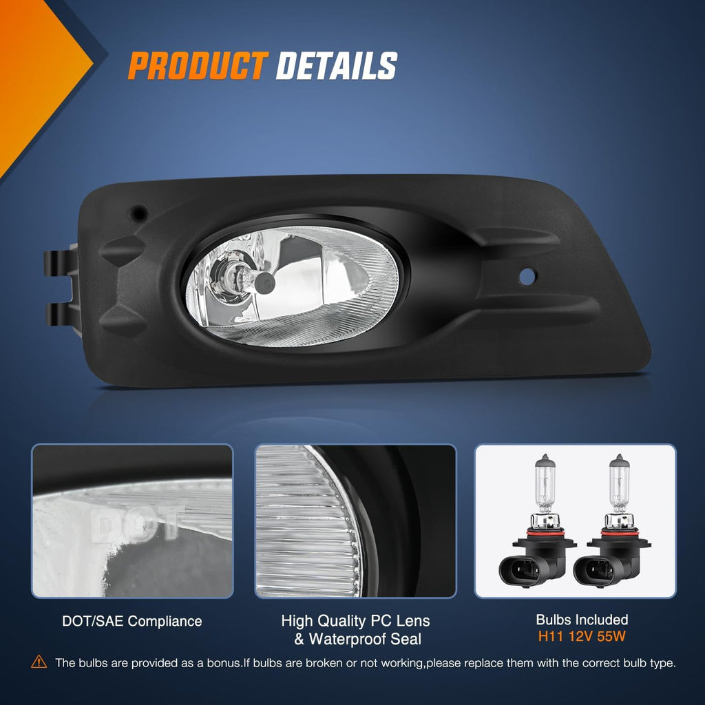 Fog Lights Assembly Compatible with 2006 2007 Honda Accord Sedan 4 Door w/H11 12V 55W Bulbs Clear Lens Driver and Passenger Side