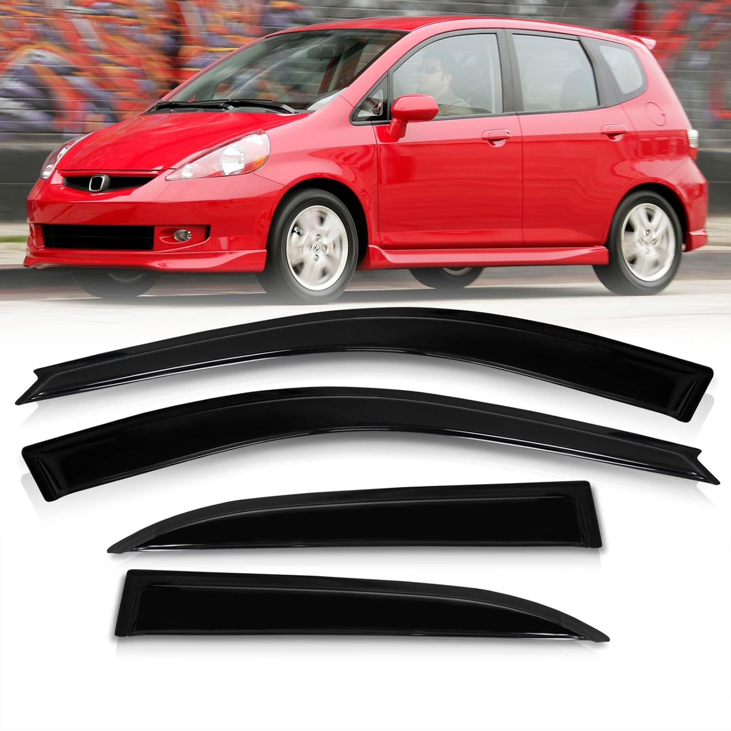 4PCS Tape-On Smoke Tint Side Window Visors Rain Guard Sun Shade Ventilation Aerodynamic Wind Deflector Shields Set Compatible/Replacement For GD3 Fit Jazz 2006 2007 2008 06 07 08
