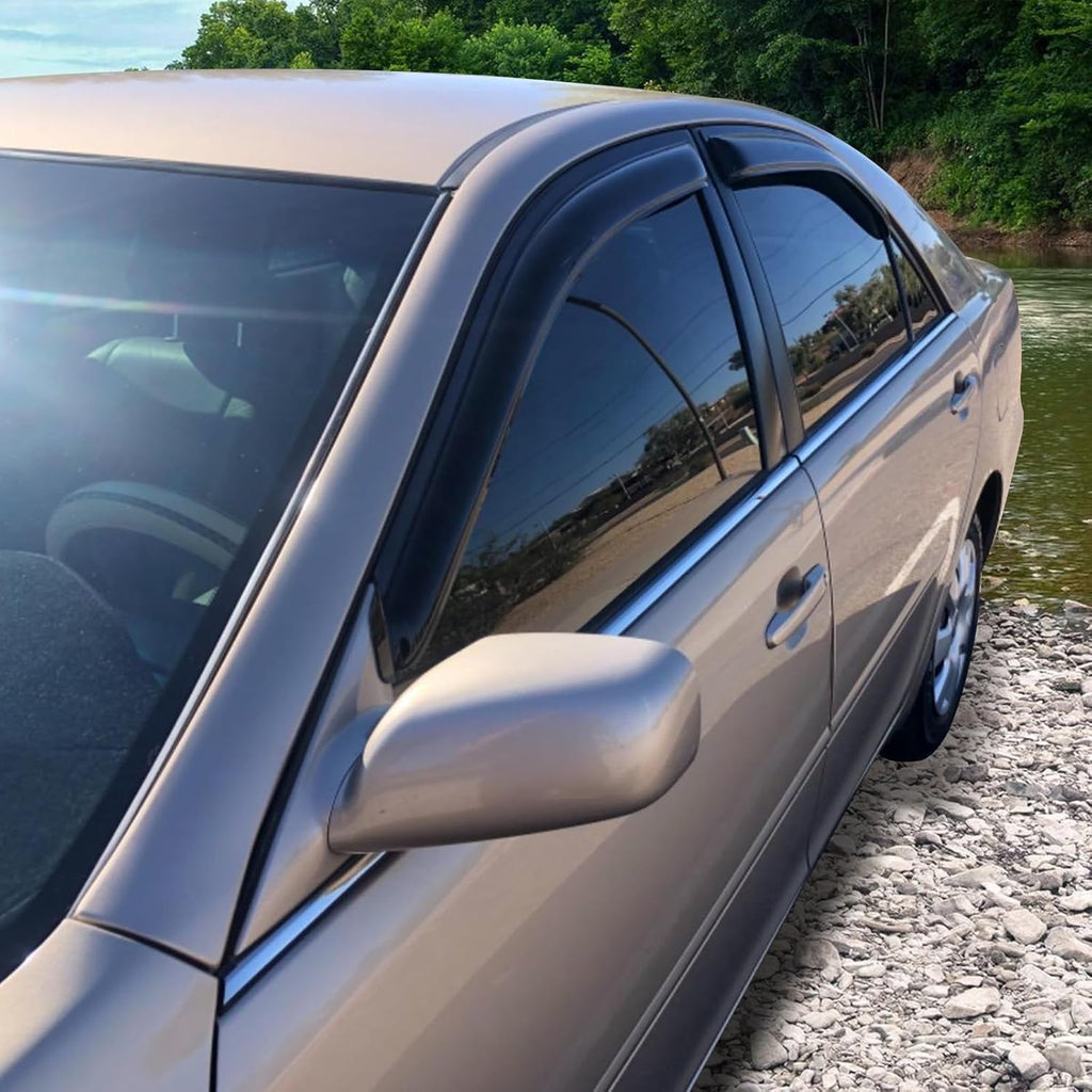Window Visors Compatible with 2002-2006 Toyota Camry 4Dr Sedan, Slim Style Tape On- Smoke Tint Acrylic by IKON MOTORSPORTS, 2003 2004 2005