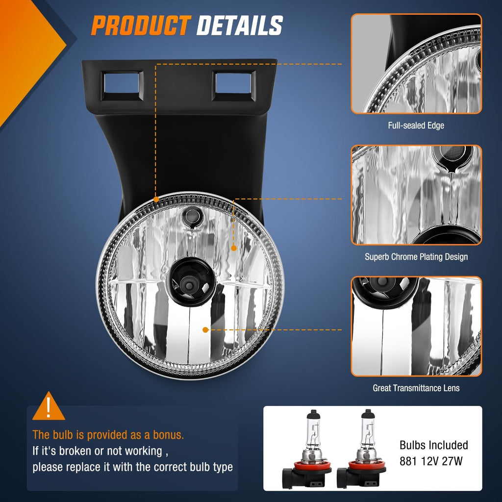 Fog Lights Assembly Compatible with 1994 1995 1996 1997 1998 1999 2000 2001 Dodge Ram 1500 2500 3500 2002 RAM 2500 3500 Pick Up Truck Clear w/881 12V Halogen Bulbs