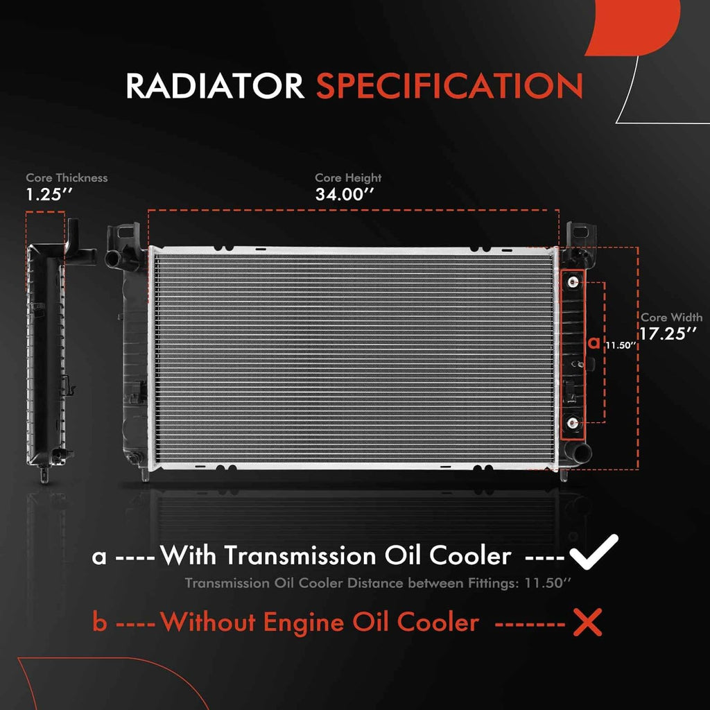 34" Engine Coolant Radiator Compatible with Chevy Silverado, Suburban, Tahoe & GMC Sierra, Yukon & Cadillac Escalade, Automatic Transmission, Without Engine Oil Cooler, w/ 2 Oil Cooler Holes