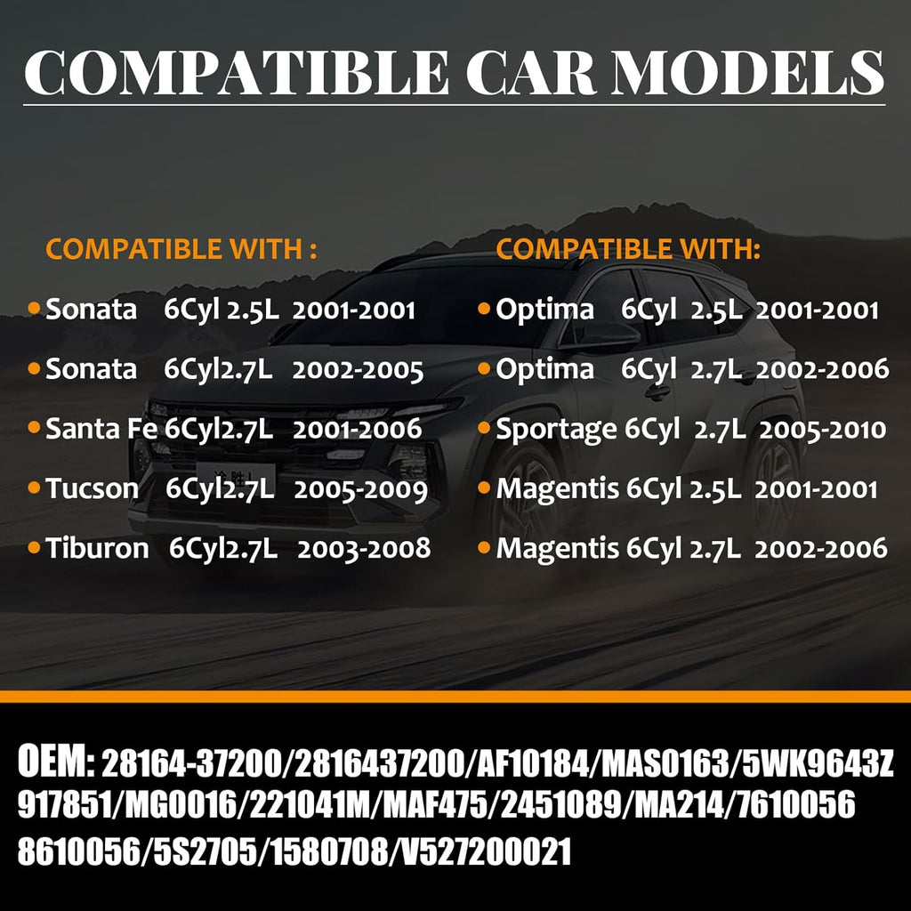Air Flow Sensor MAF Sensor 28164-37200 [6Cyl 2.5L 2.7L] Compatible with 2001-2005 Hyundai Sonata, 2005-2009 Tucson, 2001-2006 Santa Fe, 2003-2008 Tiburon & 2001-2006 Kia Optima