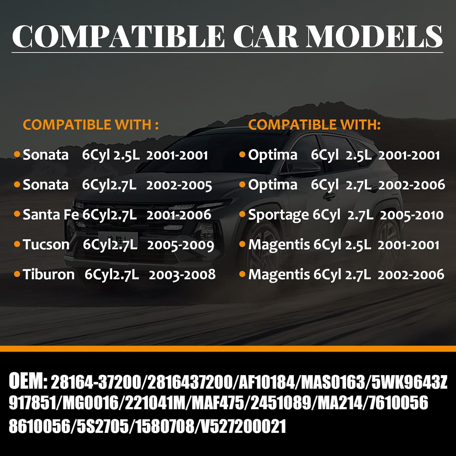 Air Flow Sensor MAF Sensor 28164-37200 [6Cyl 2.5L 2.7L] Compatible with 2001-2005 Hyundai Sonata, 2005-2009 Tucson, 2001-2006 Santa Fe, 2003-2008 Tiburon & 2001-2006 Kia Optima