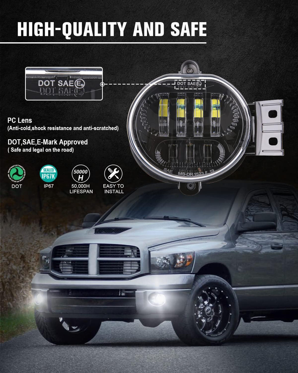 New Version LED Fog Light Compatible with Dodge Ram 1500 2002-2008 Dodge Ram 2500/3500 Pickup Truck 2003 2004 2005 2006 2007 2008 2009-1 Pair Black