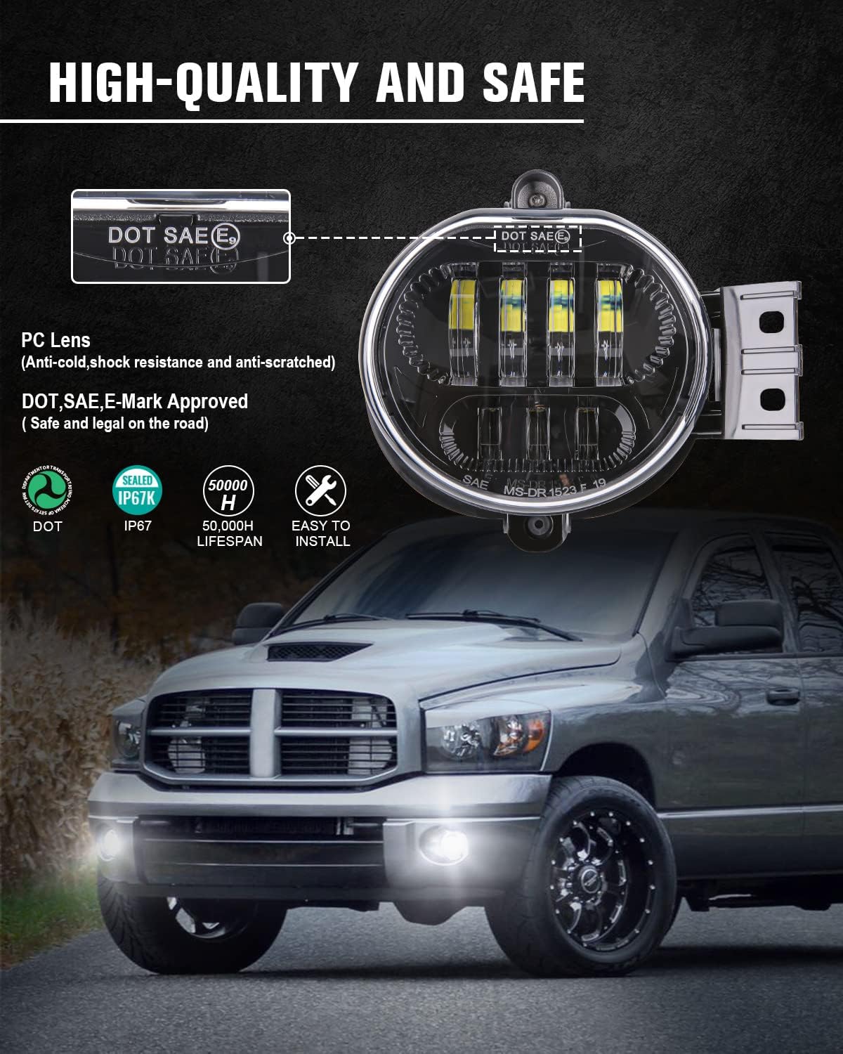 New Version LED Fog Light Compatible with Dodge Ram 1500 2002-2008 Dodge Ram 2500/3500 Pickup Truck 2003 2004 2005 2006 2007 2008 2009-1 Pair Black