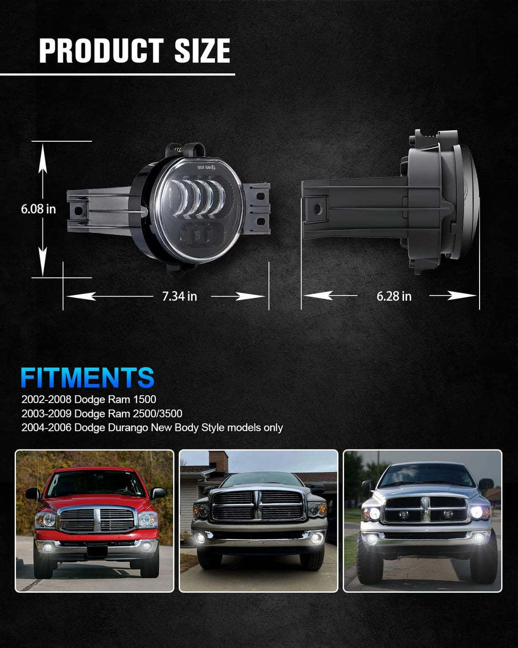 New Version LED Fog Light Compatible with Dodge Ram 1500 2002-2008 Dodge Ram 2500/3500 Pickup Truck 2003 2004 2005 2006 2007 2008 2009-1 Pair Black