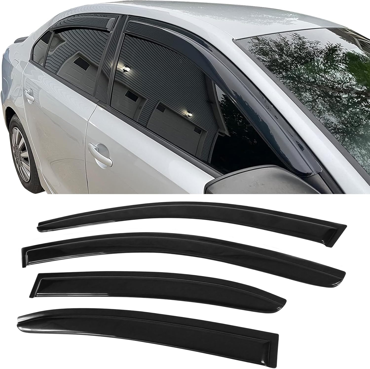 Window Visors Compatible with 2011-2018 Volkswagen Jetta, Dark Smoke Car Rain Sun Window Shade Guard Visor by IKON MOTORSPORTS, 2012 2013 2014 2015 2016 2017