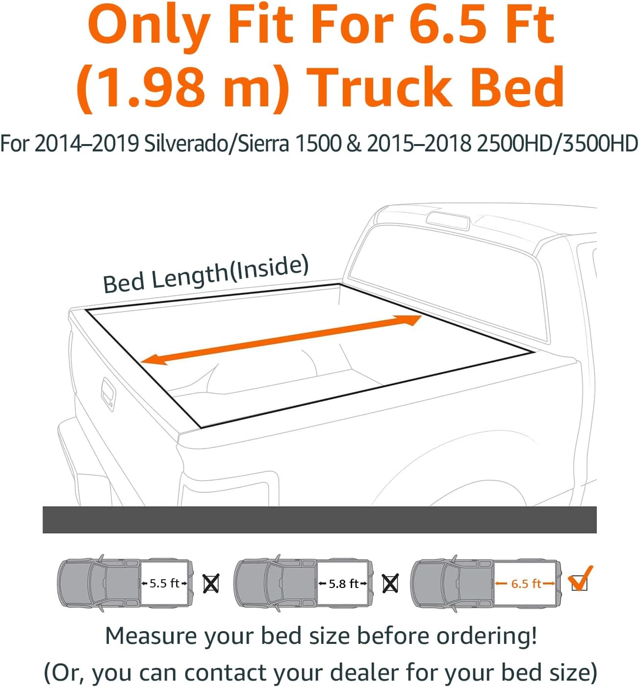 Roll-Up 6.5 feet Truck Bed Tonneau Cover for 2014-2019 Chevy Silverado, GMC Sierra 1500, 2015-2018 Silverado Sierra 2500 3500 HD, Fleetside