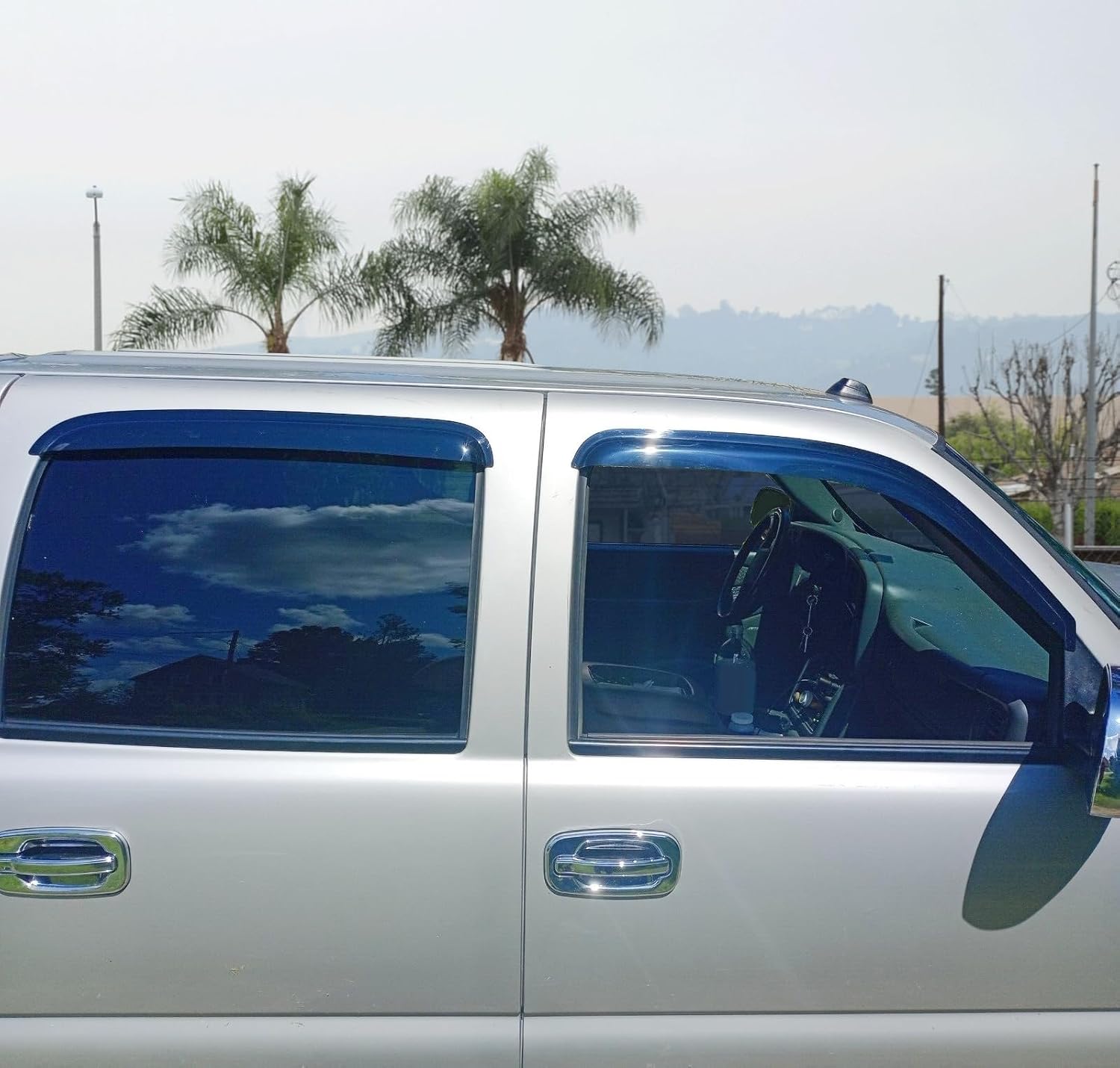 Window Visor Compatible with 2001-2006 Chevy Silverado GMC Sierra Crew Cab, Slim Style Acrylic Smoke Tinted 4PCS Sun Rain Guard Wind Vent Air Deflector by IKON MOTORSPORTS, 2002 2003 2004 2005