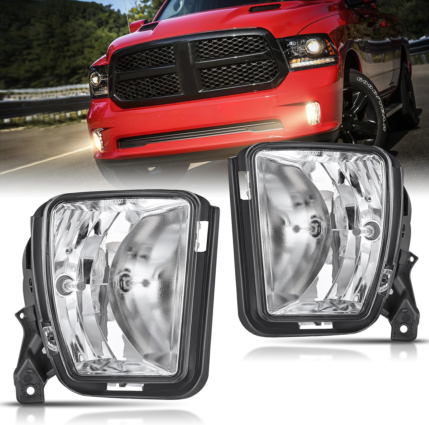 Fog Lights Assembly Compatible with 1994 1995 1996 1997 1998 1999 2000 2001 Dodge Ram 1500 2500 3500 2002 RAM 2500 3500 Pick Up Truck Clear w/881 12V Halogen Bulbs
