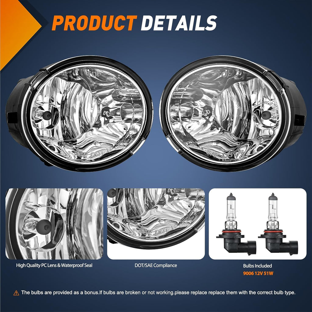 Fog Lights Assembly Compatible with 2001 2002 2003 2004 2005 2006 2007 Toyota Sequoia 2000-2006 Tundra(NOT fit steel front bumper models) w/9006 12V 51W Bulbs Clear Lens