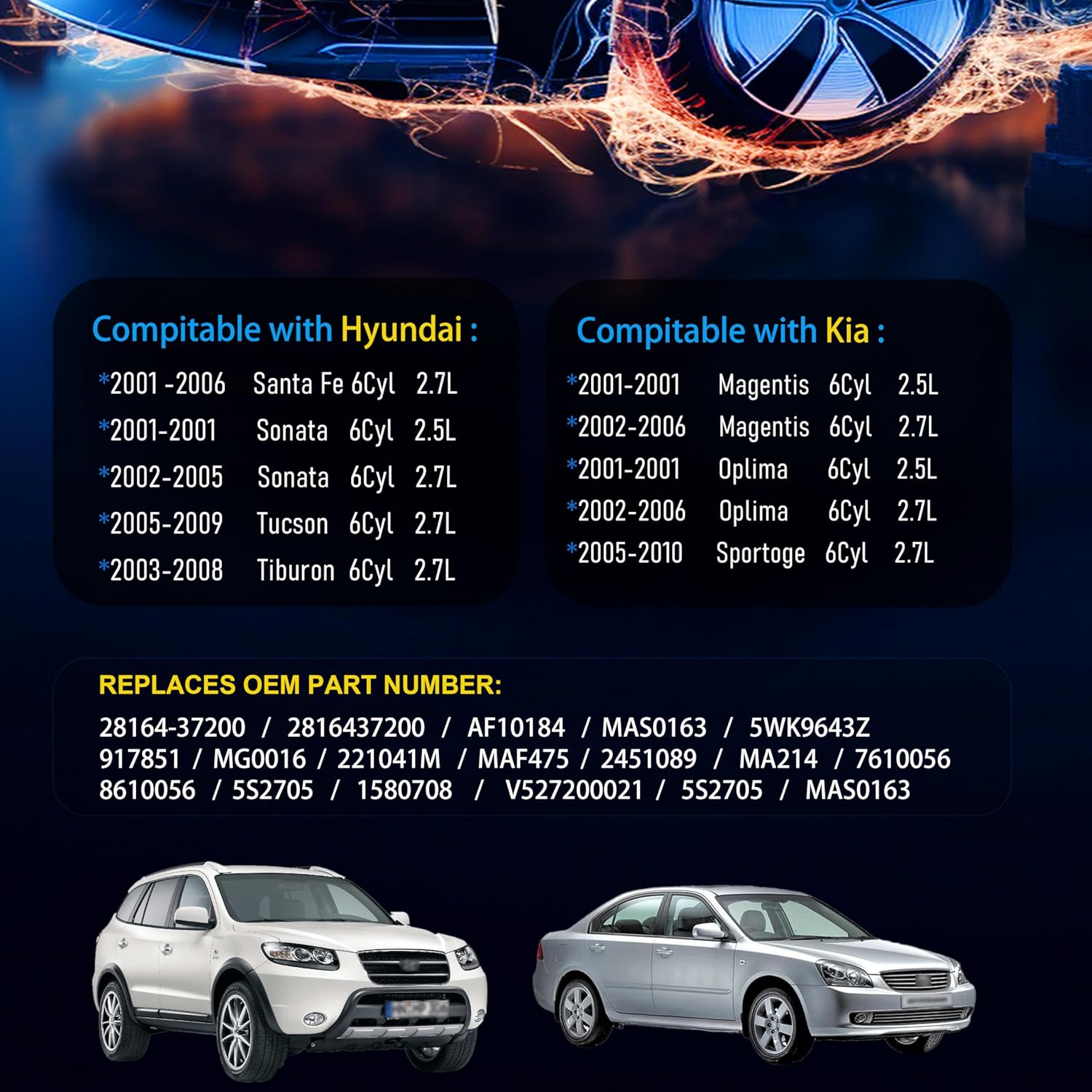 Air Flow Sensor Meter MAF Sensor Compatible with Hyundai Sonata 2001-2005,Santa Fe 2001-2005,Tucson 2005-2009,Tiburon 2003-2008 & Kia Optima2001-2006,Replace# 28164-37200
