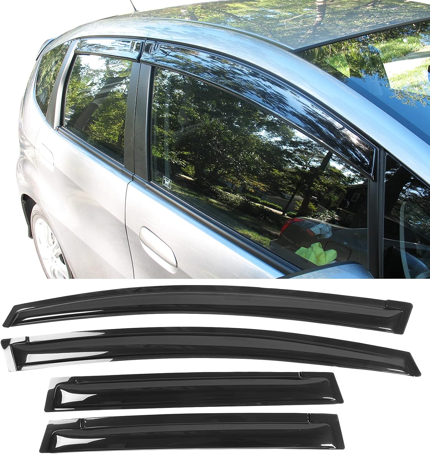 Window Visor Compatible with 2009-2014 Honda FIT 4 Door, Slim Style Acrylic Smoke Tinted & Semi-Transparent Sun Rain Wind Guards Shield Vent by IKON MOTORSPORTS, 2010 2011 2012 2013